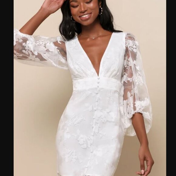 NWOT Lulus Dramatic Energy White Floral Burnout Balloon Sleeve Mini Dress - Picture 3 of 6